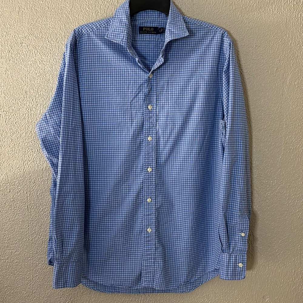 Men’s Polo Ralph Lauren Button Down Plaid Dress Shirt, Large, Blue